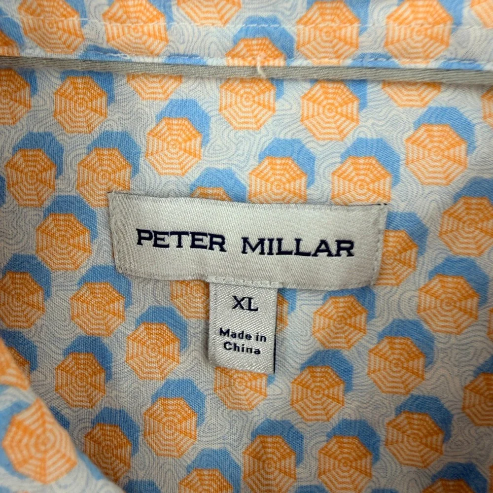 Peter Millar Mens XL Orange Blue Umbrella Print Short Sleeve Untucked Shirt Golf